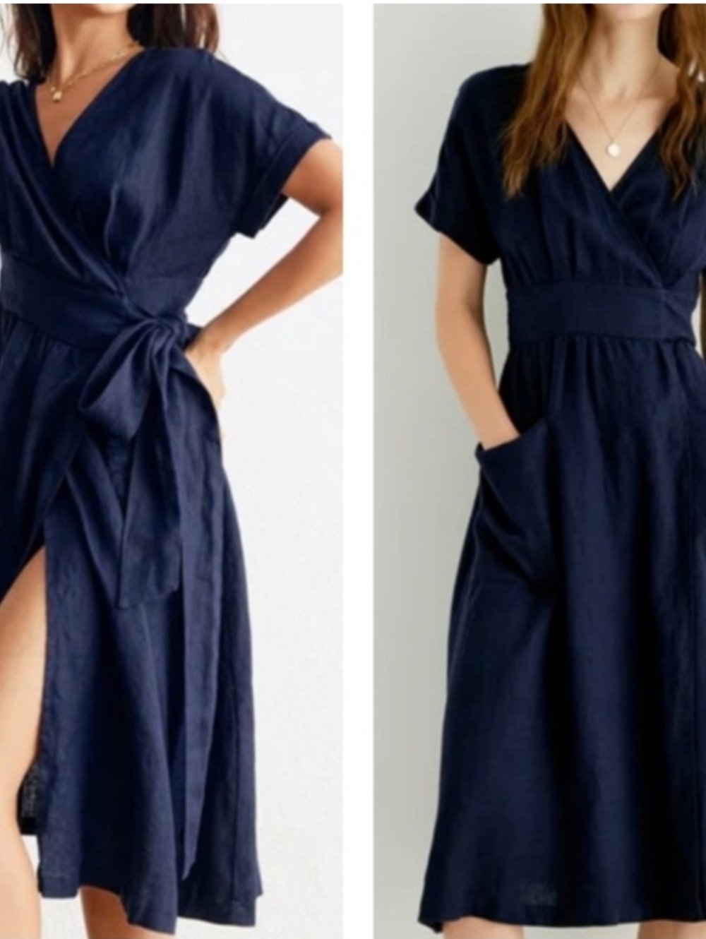 Grae Cove Bexley: Belted A-line wrap High-quality Linen dress, Navy, XXL